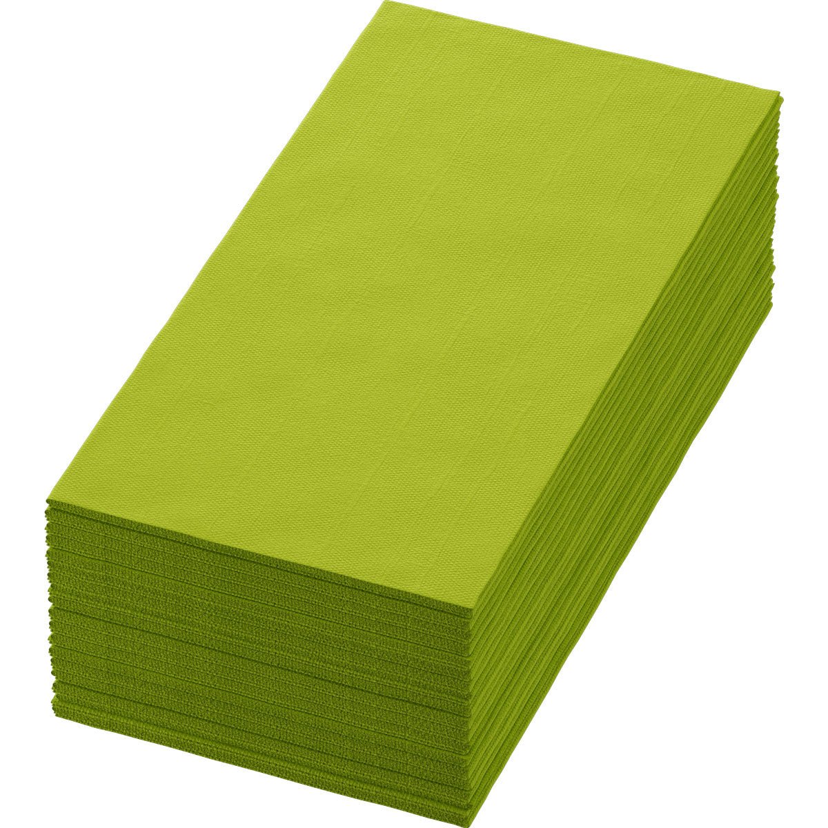 A stack of rectangular, light green Bio-Dunisoft napkins 40 x 40 cm 1/8 book fold by Duni GmbH is neatly lined up, showing both top and side edges from an angled view.