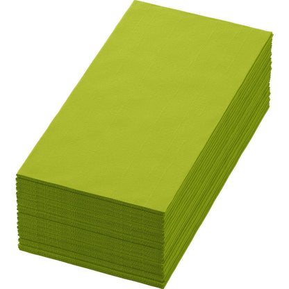A stack of rectangular, light green Bio-Dunisoft napkins 40 x 40 cm 1/8 book fold by Duni GmbH is neatly lined up, showing both top and side edges from an angled view.