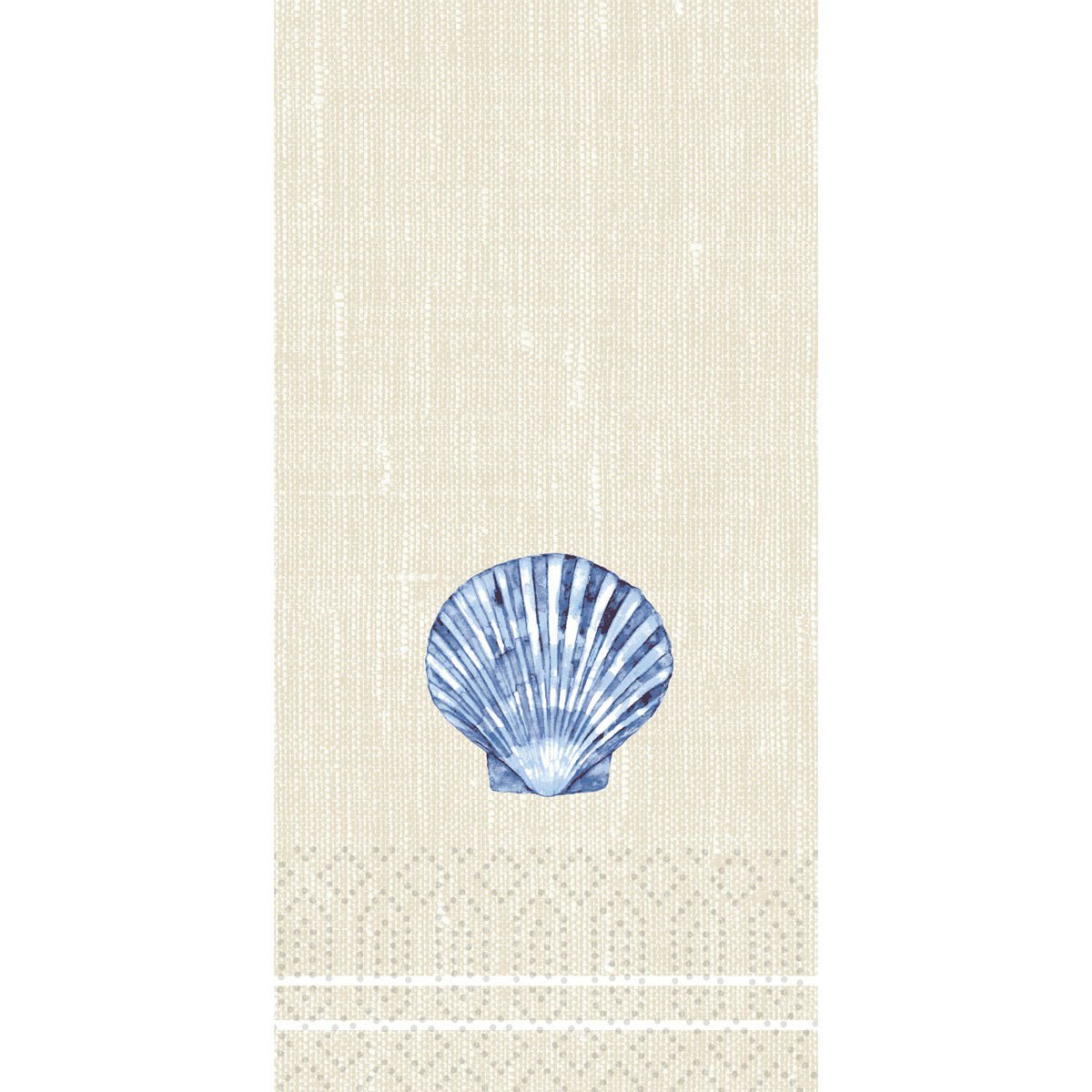 Ein beigefarbener, strukturierter Hintergrund mit einer blauen Muschel in der Mitte, weißen Linien und gepunkteten Akzenten - ideal für den Zellt.Serv der Duni GmbH. 33x33 cm, 2-lagig, 1/8 KF, Tide (300 Servietten pro Packung).