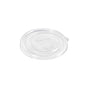A transparent, round lid carton SLIM RPET 129x120x12 mm from Duni GmbH, made from recycled PET, features a small side tab and embossed recycling symbols. The eco-friendly lid is depicted on a white background (Package: 35 pieces).