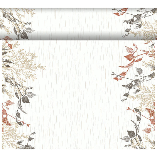 Das Bio-DC Tete a Tete (0.4x24m) von Duni GmbH hat einen beigen Hintergrund, dünne vertikale Linien und braune, beige und schwarze botanische Kunst auf der Oberseite und an den Seiten - ideal für Naturholz Dekoration. Inklusive passender horizontaler Umrandung am oberen Rand.