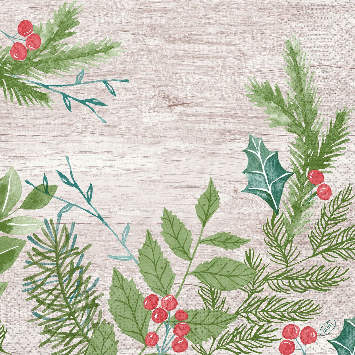 Watercolor-like winter greenery with pine, holly, fir branches, and red berries on a light wooden background. Ideal for Duni GmbH napkins 40x40 3-ply 1/4 Winter Greenery (pack of 250 pieces) designs.