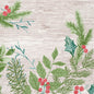 Watercolor-like winter greenery with pine, holly, fir branches, and red berries on a light wooden background. Ideal for Duni GmbH napkins 40x40 3-ply 1/4 Winter Greenery (pack of 250 pieces) designs.
