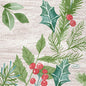 Festive illustration of green holly, fir, and red berries on a light wooden background. This detailed design is ideal for napkins 24x24 3-ply 1/4 Winter Greenery (50 pieces) by Duni GmbH.