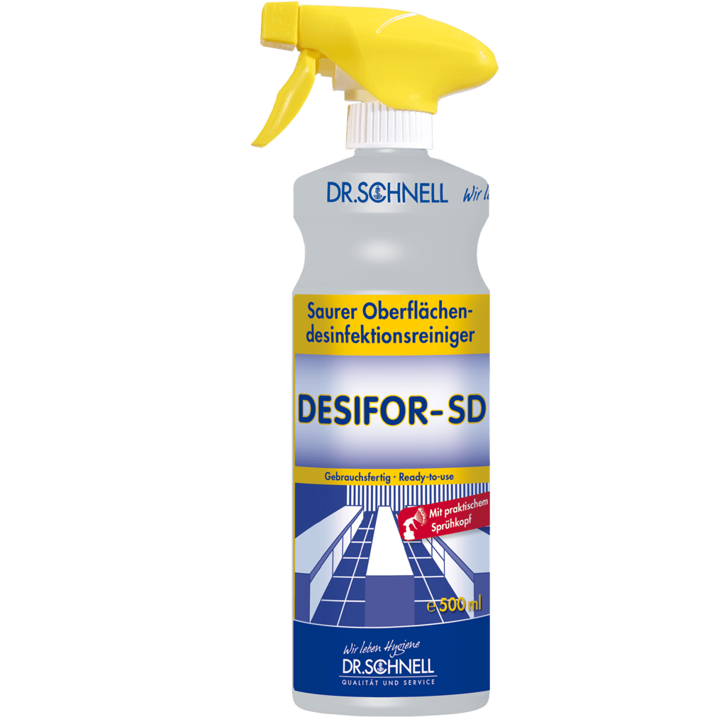 The 500 ml spray bottle of the Dr. Schnell DESIFOR-SD surface disinfectant by DR.SCHNELL GmbH & Co. KGaA with a yellow trigger and blue-yellow packaging is ready-to-use for surface disinfection.
