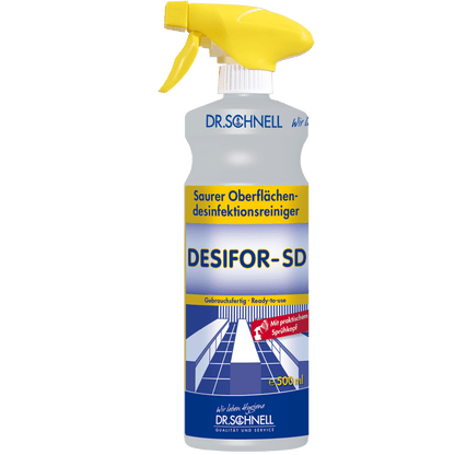 The 500 ml spray bottle of the Dr. Schnell DESIFOR-SD surface disinfectant by DR.SCHNELL GmbH & Co. KGaA with a yellow trigger and blue-yellow packaging is ready-to-use for surface disinfection.