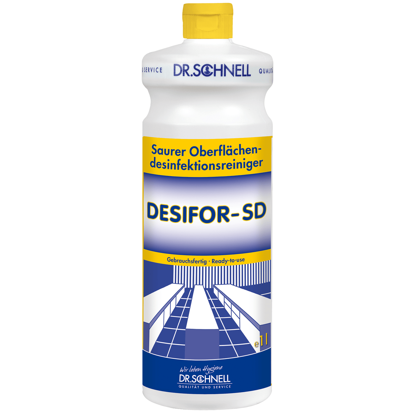 A bottle of the Dr. Schnell DESIFOR-SD surface disinfectant by DR.SCHNELL GmbH & Co. KGaA, a surface disinfectant with a yellow cap and blue-yellow label with product details and tables and chairs for effective surface cleaning.