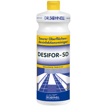 A bottle of the Dr. Schnell DESIFOR-SD surface disinfectant by DR.SCHNELL GmbH & Co. KGaA, a surface disinfectant with a yellow cap and blue-yellow label with product details and tables and chairs for effective surface cleaning.