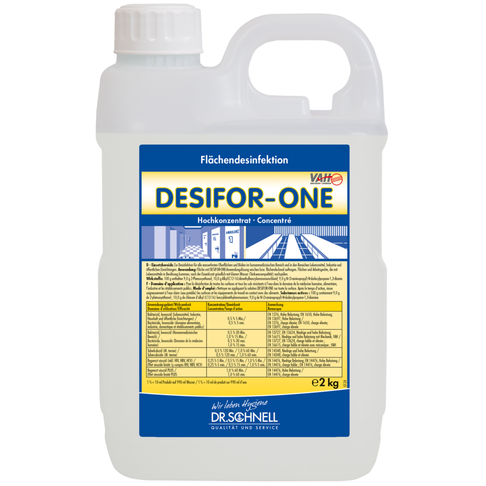 A 2 kg plastic container of Dr. Schnell Desifor-One Surface Disinfection, limited virucidal PLUS by DR.SCHNELL GmbH & Co. KGaA, with a white lid and handle. The front label contains information, instructions, and dosage directions in German.