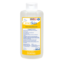 Eine 500-ml-Kunststoffflasche der Dr. Schnell CIMOSKIN Händedesinfektion der DR.SCHNELL GmbH & Co. KGaA, mit weißem Verschluss und einem gelb-weiß-blauen deutschen Etikett, das die hautfreundlichen, hygienischen Desinfektionseigenschaften hervorhebt.