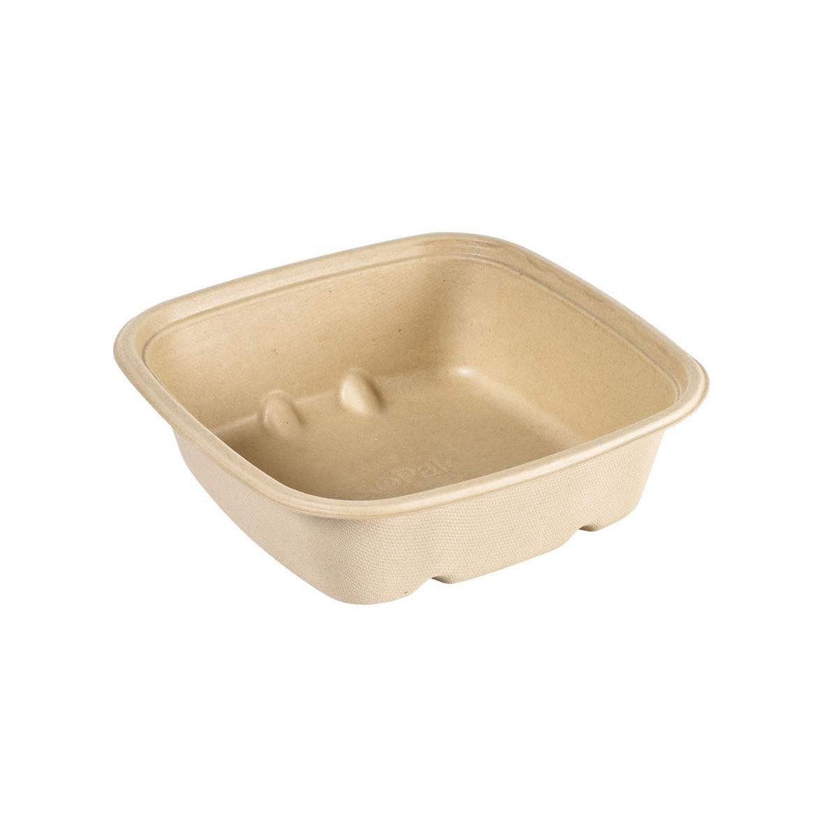 The Duni GmbH 900 ml square, uncoated, brown Cube Bowl made from bagasse (181x181x54 mm, pack of 40) is made of biodegradable material and is shown empty against a white background.