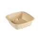 The Duni GmbH 900 ml square, uncoated, brown Cube Bowl made from bagasse (181x181x54 mm, pack of 40) is made of biodegradable material and is shown empty against a white background.