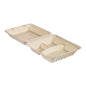 The Duni GmbH Clamshell 350/120/120 ml, uncoated 3 Brown Bagasse (235x235x90 mm), is a beige, rectangular take-away container with two compartments, made from biodegradable bagasse. Shown open; pack of 50 pieces.