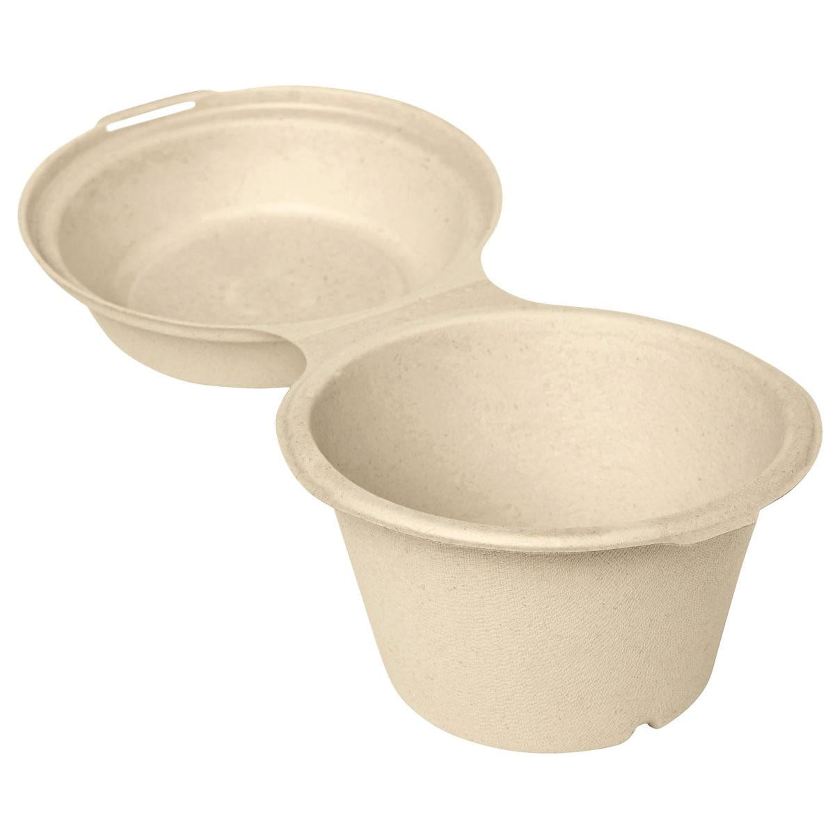 The Clamshell 575 ml - uncoated Brown Bagasse 132x132x75 from Duni GmbH is a biodegradable, beige two-compartment food box made from molded fibers for sustainable packaging. Sold in packs of 40 pieces.