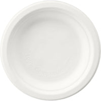 A round, white Duni GmbH plate (ø 15 cm) made of bagasse (uncoated) is shown from above against a white background. The disposable plate is biodegradable, has curved edges, and is embossed with "100% compostable" on the inside. Package: 125 pieces.