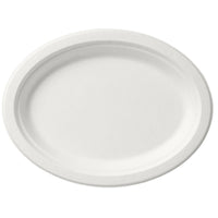 The uncoated, white "Oval Plate 26 cm White" from Duni GmbH (bagasse, 260x200x20 mm), shown from above against a white background—empty, eco-friendly, and perfect for a sustainably set table. Package: 125 pieces.