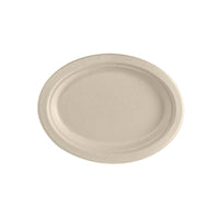 The Duni GmbH 26 cm Oval Brown Plate made of uncoated bagasse (260x200x20 mm, 50 pieces) is compostable, eco-friendly disposable tableware designed for sustainable table settings.