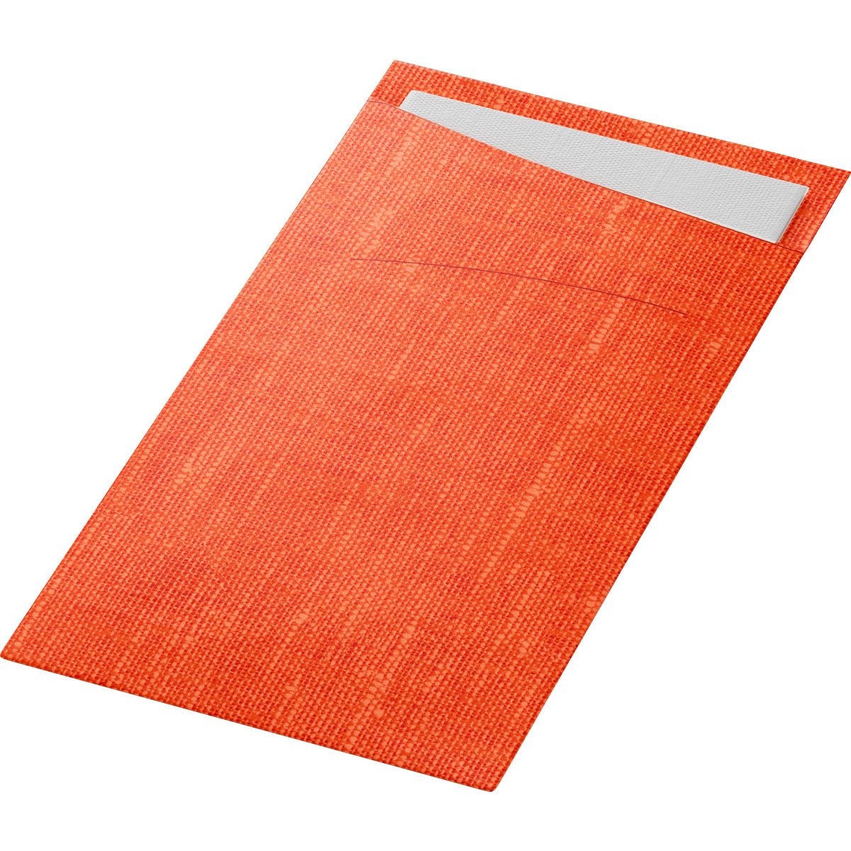 The SACCHETTO Bio D-Soft, an orange-white, rectangular, textured card holder by Duni GmbH, is pictured on a white background and comes in an eco-friendly package, 60 pieces per pack.