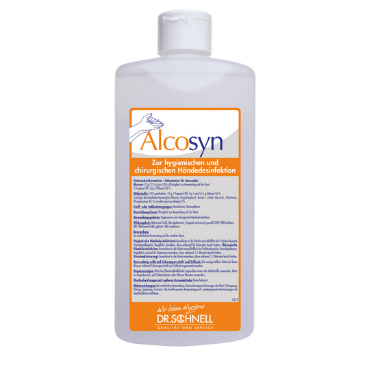 Eine weiße Kunststoffflasche mit der Aufschrift "Dr. Schnell ALCOSYN Händedesinfektion" der DR.SCHNELL GmbH & Co. KGaA mit blauen und orangefarbenen Akzenten zeigt die deutsche Gebrauchsanweisung für ein hautfreundliches Händedesinfektionsmittel.