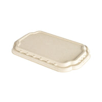 The Duni GmbH Take-Away Fiber Lid, Natural Coated Bagasse, 256x165x19 (pack of 225) is a beige, rectangular, upright fiber lid—a sustainable alternative for take-out containers.