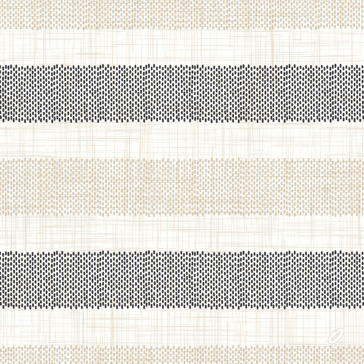 Die Zellt Servietten 40x40 cm Klassik Rigato schwarz von Duni GmbH zeichnen sich durch abwechselnd beigefarbene Bänder und schwarze gepunktete Linien auf cremefarbenem Grund aus und verleihen Ihrer Tischdekoration einen modernen Touch - perfekt in Kombination mit den eleganten Servietten. Packung mit 50 Servietten.