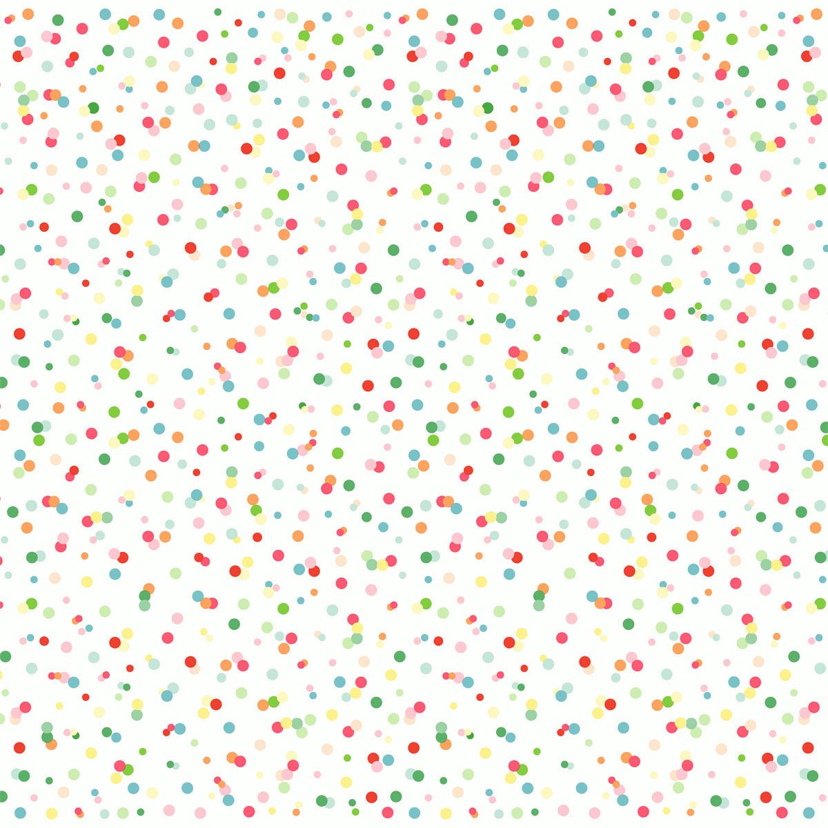 A white background with small dots in green, red, pink, yellow, and blue creates a lively polka-dot pattern reminiscent of the Dunisilk Happy Bubbles napkins (84x84 cm, 20 pieces) from Duni GmbH.