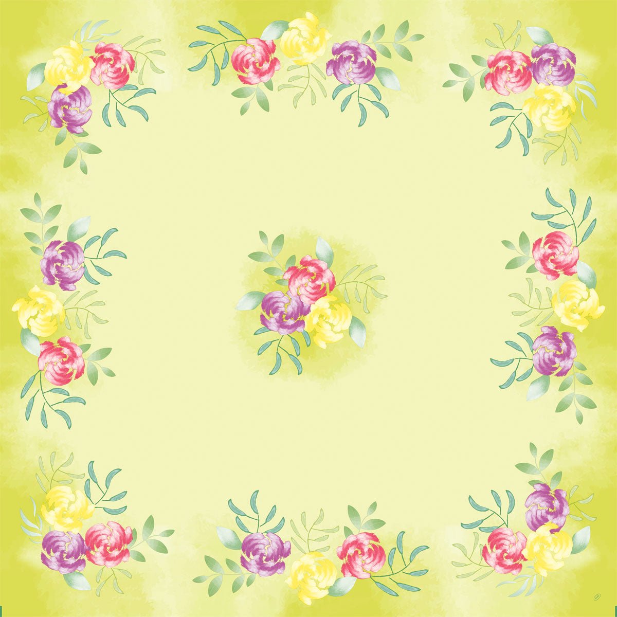 Square Dunicel Centerpiece 84x84cm The Soft Tropics napkin by Duni GmbH has a light yellow base color with watercolor-style flowers and green leaves in the corners and in the center, with the center largely remaining empty - ideal for tropical themes. Package: 20 pieces.
