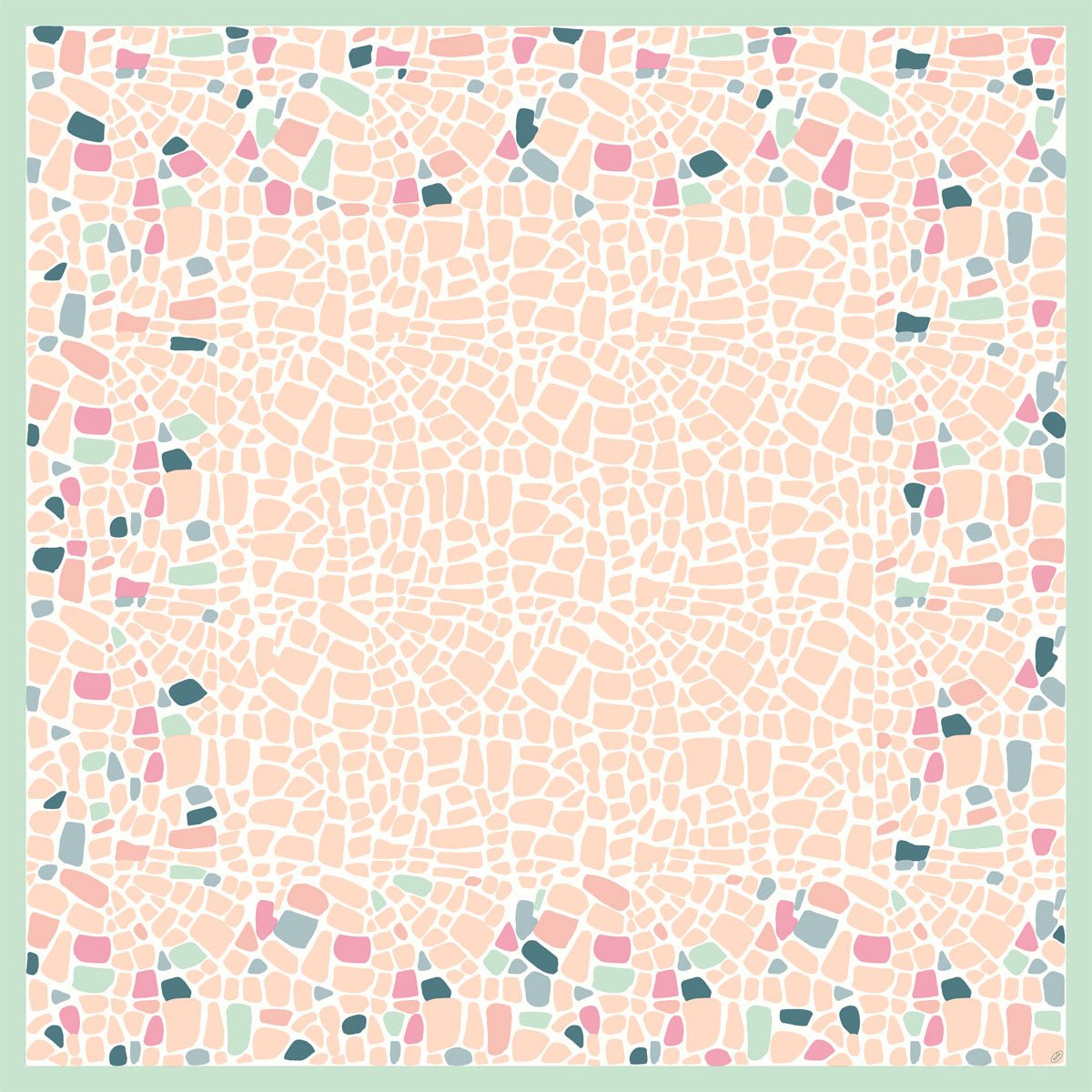 The Dunicel-Mitteld.84x84cm Ocean Pebbles 20P. from Duni GmbH features a mosaic tile pattern in peach, pink, teal, and mint green, forming a square frame with a light center and a colorful border - ideal for the set table (pack of 20 pieces).