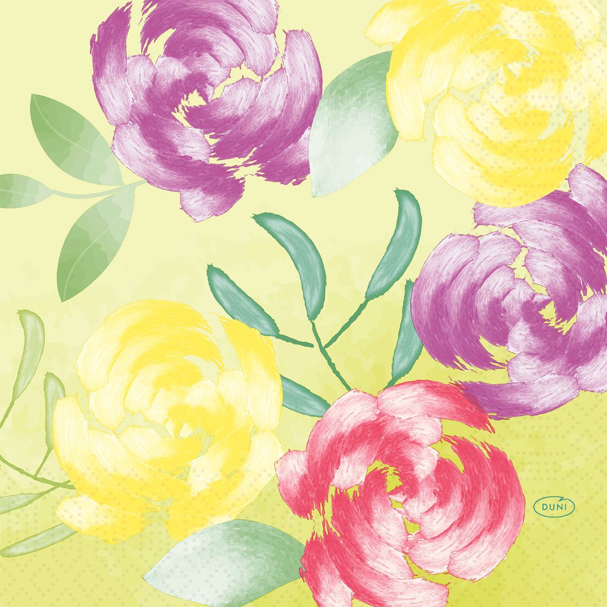 The napkins 33 cm 3-ply 1/4-fold Soft Tropics paper napkins by Duni GmbH - 250 three-ply napkins are decorated with an illustration of tropical flowers in brushstroke style, giving any table a lively flair.