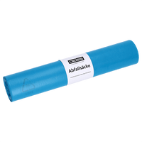 Eine Rolle blauer Müllsäcke der EMIL DEISS KG (GmbH + Co.) (DEISS Abfallsäcke aus Recycling-LDPE 70 l, Blauer Engel, 25 Stück) mit weißem Etikett steht auf weißem Hintergrund.