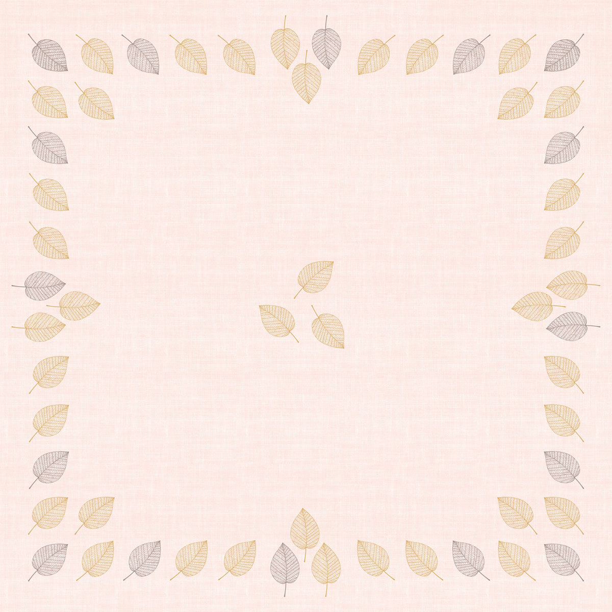 Eine quadratische Bordüre mit schlichten Blattmustern in Hellgold und Grau umrahmt einen blassrosa Hintergrund. Die Bio-Dunicel-Mitteldecke 84x84cm Aspen von Duni GmbH (20 Stück) ist stilvoll, umweltfreundlich und biologisch abbaubar.