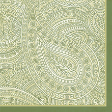 Die Duni GmbH Servietten 40x40 4-lagig Klassik Paisley zeigen ein elegantes, grünes Paisleymuster mit Blumen- und Rankenmotiven, eingefasst in kräftigem Grün. Jede Packung enthält 50 strapazierfähige Servietten, perfekt für stilvoll gedeckte Tische.