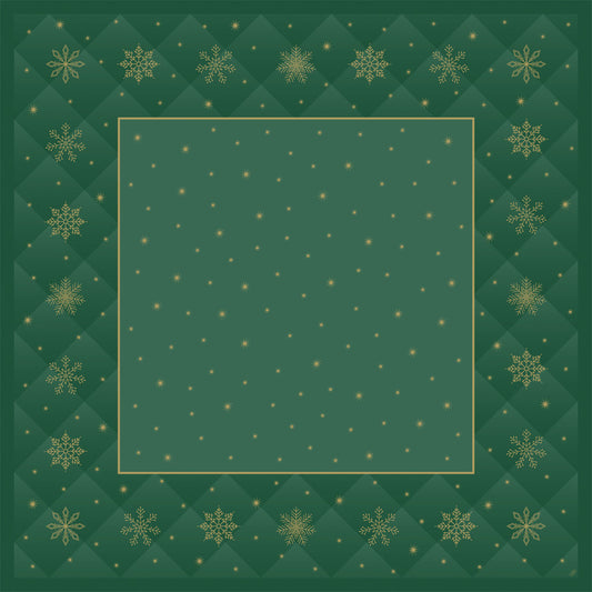 Die Bio-Dunicel-Mitteldecke 84x84cm Rhombus grün von Duni GmbH hat ein quadratisches, biologisch abbaubares, grünes Design mit einem goldenen Schneeflocken-Gitterrand und einer einfarbigen Mitte, die mit verstreuten goldenen Punkten und Sternen verziert ist. Packung: 20 Stück.