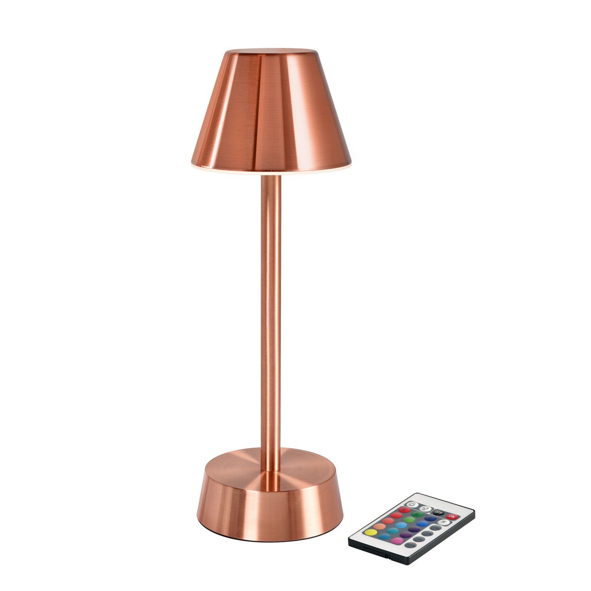 The ZELDA wireless LED lamp in rose gold from Duni GmbH features a conical shade and a cylindrical base, and comes with a small remote control with colorful buttons.
