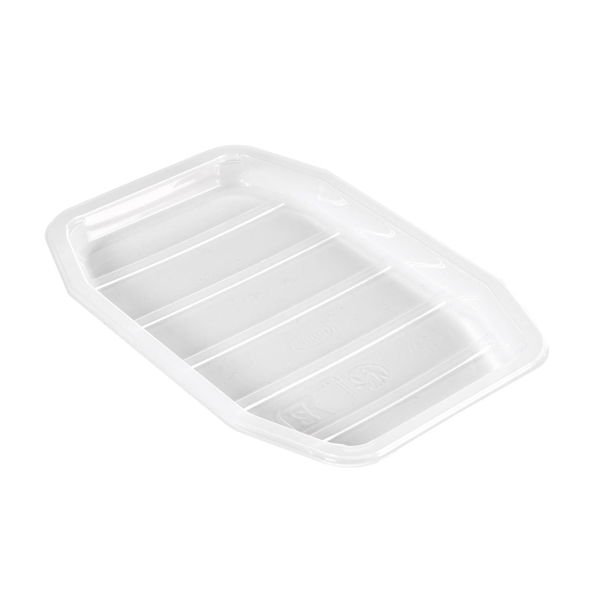 A clear, rectangular 370ml PP bowl HMR food tray (215x148x17mm) from Duni GmbH with raised edges and horizontal bottom grooves, photographed on white. Versatile for serving or storing various foods. Carton (1 pack).