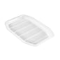 A clear, rectangular 370ml PP bowl HMR food tray (215x148x17mm) from Duni GmbH with raised edges and horizontal bottom grooves, photographed on white. Versatile for serving or storing various foods. Carton (1 pack).