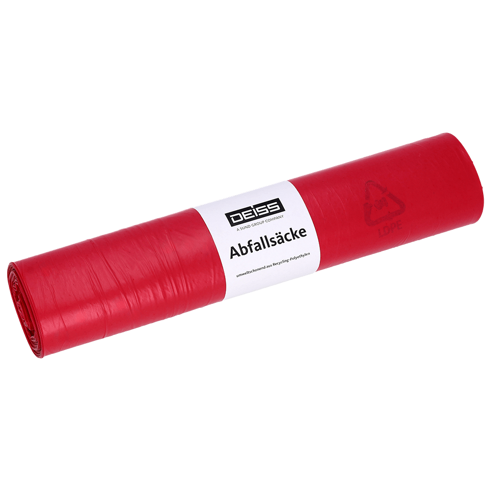 A roll of EMIL DEISS KG (GmbH + Co.) DEISS 21011 trash bags, 700x1100 mm, type 60, red (25 pieces), with white "DEISS Trash Bags" label and recycling/LDPE symbols. Ideal for surface protection. Pictured on a light background.