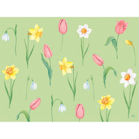 Mit den Duni GmbH Papier-Tischsets Frühlingsmelodie 30x40 cm mit aquarellierten Tulpen, Schneeglöckchen und Narzissen auf hellgrünem Untergrund setzen Sie frische Akzente in der Saison. 250 Stück.