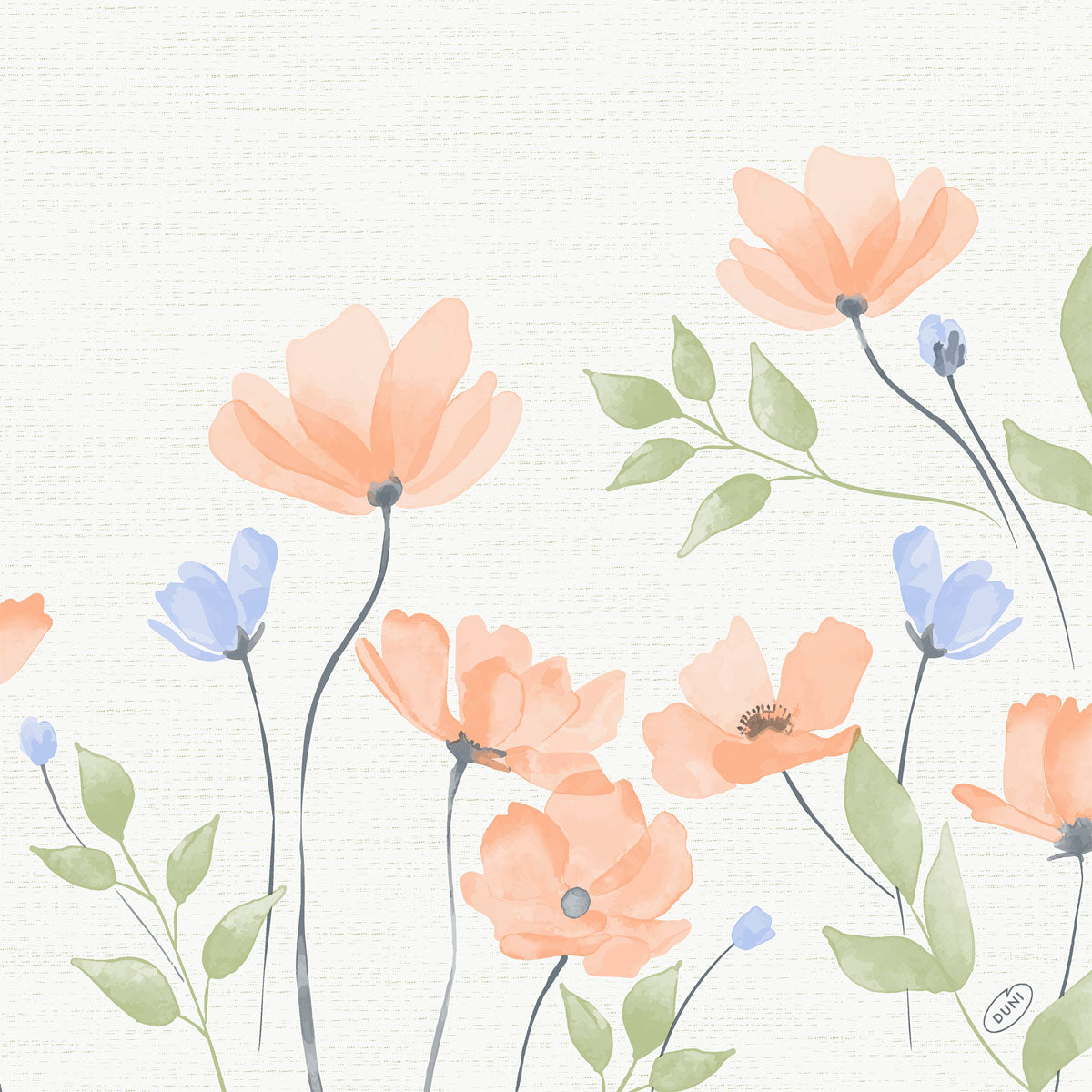 Aquarell-Illustration von orangefarbenen und hellblauen Blumen mit grünen Blättern auf schlanken Stängeln, vor einem leicht strukturierten Hintergrund, perfekt für den Bio-Dunisoft-Serv der Duni GmbH. 40x40cm.