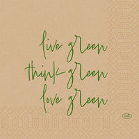 Beige cellulose napkins, 33 cm, 3-ply, by Duni GmbH, featuring green "live green, think green, love green" lettering and geometric dot patterns. Eco-friendly. Pack of 50.