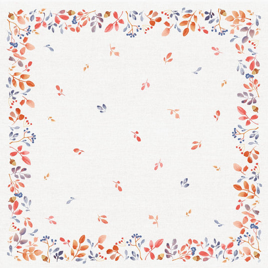 Ein weißer, quadratischer Hintergrund mit einer Umrandung aus aquarellierten Herbstblättern und Beeren schafft ein einfaches, symmetrisches Design - perfekt für die Herbst-Tischdekoration und wunderschön in Kombination mit der Duni GmbH Bio-Dunicel-Mitteldecke 84x84cm Autumn Gradient (20 Stück).