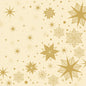 Ein Muster aus goldenen Sternen und Schneeflocken in verschiedenen Größen ziert einen hellbeigen Hintergrund auf Dunilin-Servietten 40x40cm von Duni GmbH. Einige Sterne haben durchgezogene Linien, andere gepunktete oder geometrische Muster - ideal für hochwertige Servietten.