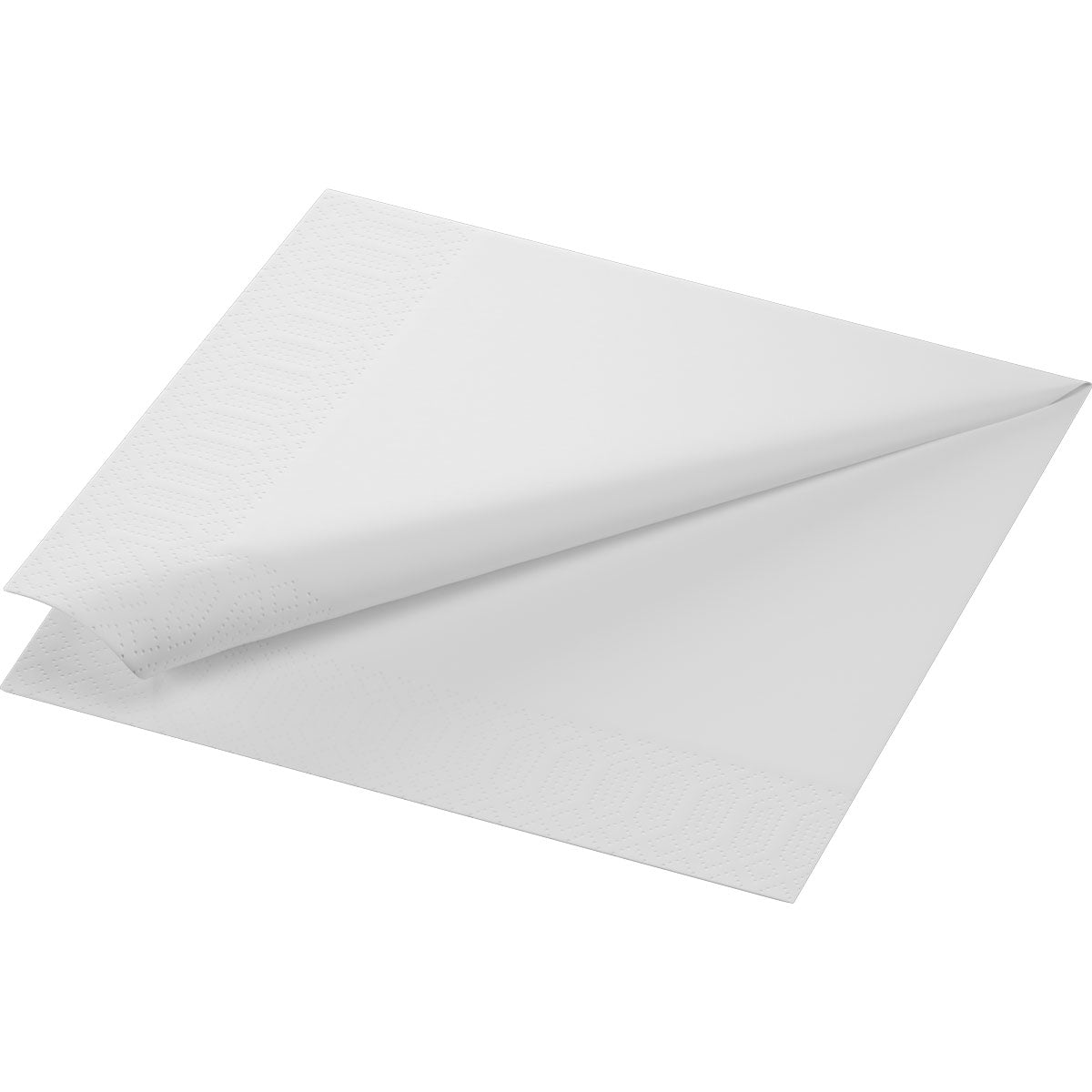 Eine einzelne weiße Duni GmbH Zellstoff-Serviette, 3-lagig, 40x40 cm, aus einer Packung mit 250 Stück, wird aufgefaltet und flach hingelegt, um ihre geprägten Randmuster zu zeigen.