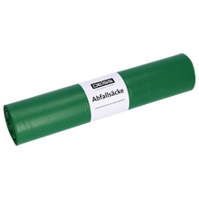 Eine Rolle grüner EMIL DEISS KG (GmbH + Co.) Müllsäcke mit der Aufschrift "DEISS 22070 - 700x1100 mm Typ 60 grün | Rolle (25 Stück)" ist auf einem einfarbig weißen Hintergrund mit weißem Etikett und Logo abgebildet.