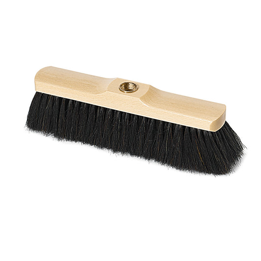 Der Nölle Profi Brush Stubenbesen, 28 cm Rosshaar, von Nölle Profi Brush Bürsten- & Pinseltechnik e.K., hat dichte schwarze Borsten und ein Gewindeloch zur Stielbefestigung - ideal für die gründliche Reinigung. Abgebildet auf weißem Hintergrund.