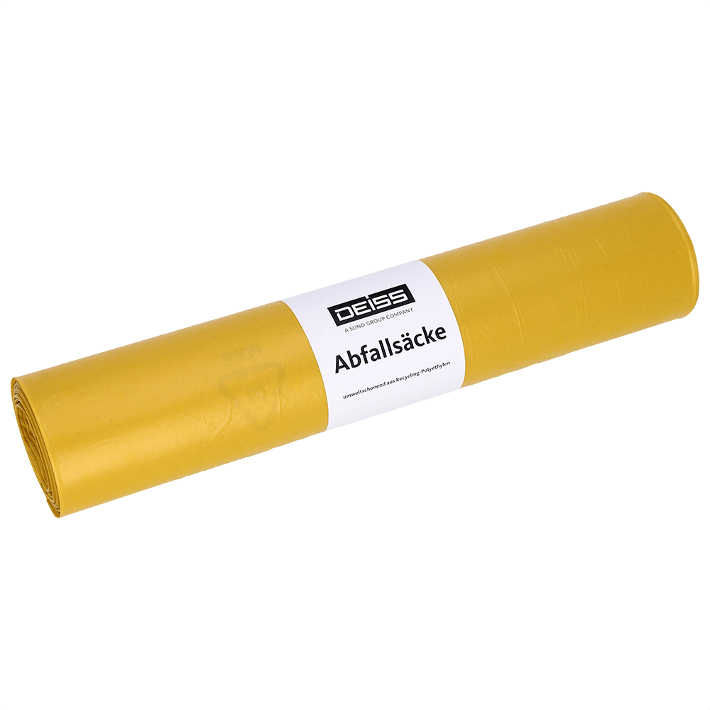 A yellow roll of DEISS 23010 garbage bags, 700x1100 mm (Type 60), pack of 25 pieces by EMIL DEISS KG (GmbH + Co.), with white label on white background.