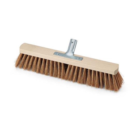Der Nölle Profi Brush Saalbesen 50 cm Poly-Kokos mit Metallstielhalter von Nölle Profi Brush Bürsten- & Pinseltechnik e.K. ist mit einem Holzblock und braunen Borsten auf weißem Hintergrund abgebildet.