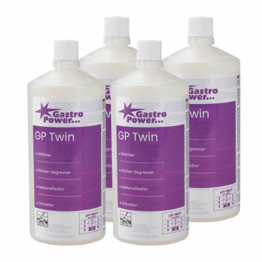 Vier 325-ml-Flaschen der Abena Re-Seller GmbH GastroPower GP Twin Fettlöser (1999915024) sind in zwei Reihen angeordnet und zeigen Branding und Produktinformation - ideal für Großküchen und Gastronomiebetriebe.