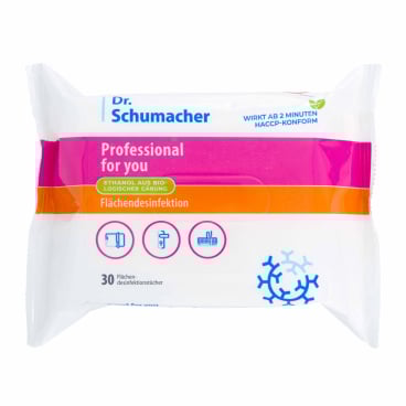 Ein 30er-Pack Flächendesinfektionstücher der Dr. Schumacher GmbH Professional for you in den Farben weiß, rosa und orange für die rückstandsfreie Reinigung von Oberflächen, mit Reinigungssymbolen auf der Verpackung.