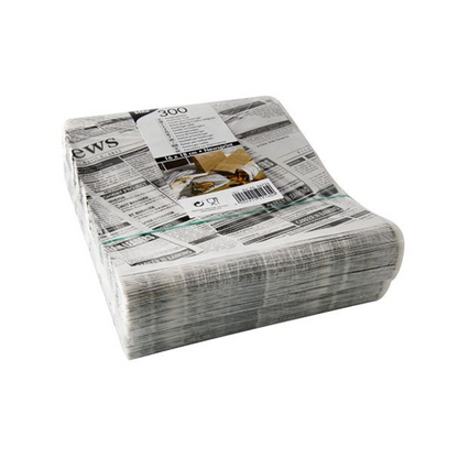 A shrink-wrapped package containing 300 PAPSTAR hamburger bags "Newsprint", greaseproof (16x18 cm) from PAPSTAR GmbH, in black and white newspaper design with product info and barcode, ideal as a parchment substitute for wrapping burgers.
